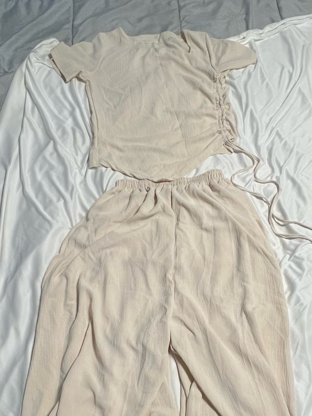 Light Cream Short Sleeve Top and Wide Leg Pants Set